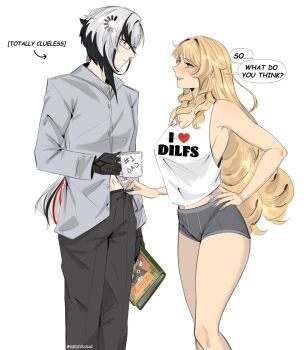 2girls alternate_costume arlecchino_(genshin_impact) arms_at_sides black_gloves black_hair black_pants blonde_hair blue_nails book breasts cleavage clothes_pull coffee_mug commentary crop_top cup english_commentary english_text eye_contact fingernails genshin_impact gloves grey_shirt grey_shorts hand_on_own_hip highres holding holding_book holding_cup large_breasts loading_icon long_hair long_sleeves looking_at_another midriff mug multicolored_hair multiple_girls nail_polish navel navia_(genshin_impact) pants pants_pull parted_lips print_tank_top seijousai shirt short_hair_with_long_locks short_shorts shorts simple_background smile speech_bubble standing tank_top twitter_username very_long_hair white_background white_hair white_tank_top yuri