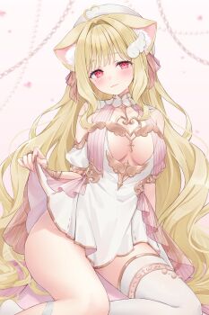 1girl ahoge animal_ears bare_shoulders blonde_hair breasts cat_ears closed_mouth clothes_lift dress dress_lift gold_trim hat heart heart_ahoge highres large_breasts lifting_own_clothes long_hair looking_at_viewer mole mole_under_eye original red_eyes shano_hiyori short_dress single_thighhigh smile solo thighhighs thighs very_long_hair white_dress white_hat white_thighhighs