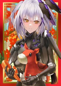 1girl black_bodysuit bodysuit border breasts carrot chinese_zodiac closed_mouth commentary cowboy_shot cyborg grey_hair hair_between_eyes hair_ornament headgear highres holding holding_carrot holding_stuffed_toy joints large_breasts looking_to_the_side mecha_musume mechanical_arms medium_hair nekotori_(nekotori221) punishing:_gray_raven red_border robot_joints rosetta:_rigor_(pgr) rosetta_(pgr) sidelocks smile solo standing stuffed_animal stuffed_horse stuffed_toy two_side_up x_hair_ornament year_of_the_horse yellow_eyes