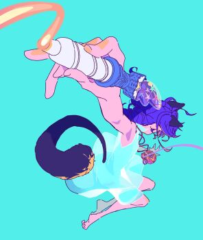 1girl animal_ears blue_dress blue_hair braid cat_ears cat_tail dress extra_ears foreshortening glowing_dress henshin highres holding holding_pen nazamaza_super no_shoes pen precure solo star_(symbol) star_color_pen star_color_pendant star_twinkle_precure tail twin_braids twintails yuni_(precure)