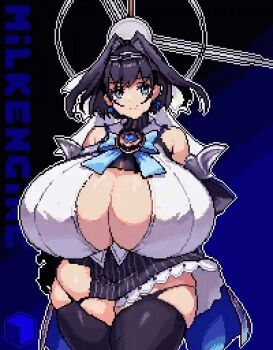 1girl adapted_costume animated animated_gif blue_background blue_eyes blue_hair bouncing_breasts bow bow_earrings breasts chain chain_headband cleavage cube curvy dress earrings eyebrows_hidden_by_hair eyelashes gigantic_breasts gradient_background hair_intakes halo hand_on_own_hip hololive hololive_english jewelry juliet_sleeves kyosuke_fujiwara long_sleeves looking_at_viewer mechanical_halo neck_ribbon ouro_kronii pixel_art puffy_sleeves ribbon short_hair smile standing thick_thighs thighhighs thighs veil virtual_youtuber wide_hips