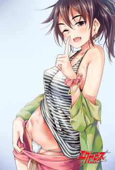 1girl :d bangle bare_shoulders blush bow bow_panties bracelet breasts brown_eyes brown_hair clothes_pull contrapposto copyright_name dokyuu_hentai_hxeros drawstring earrings fang green_jacket groin hair_between_eyes highres index_finger_raised jacket jewelry long_hair looking_at_viewer momozono_momoka navel off_shoulder official_art one_eye_closed open_mouth panties panties_under_shorts pink_shorts ryouma_(galley) short_shorts shorts shorts_pull side_ponytail sideboob small_breasts smile solo standing stomach string_panties striped_tank_top tank_top underwear white_background white_panties wristband