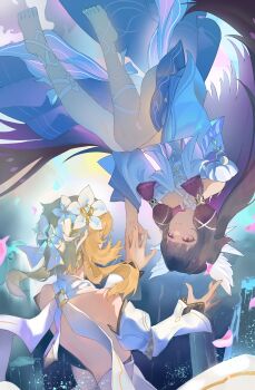 2girls absurdres angel_wings ankle_ribbon bare_shoulders blonde_hair closed_mouth columbina_(genshin_impact) commentary_request detached_sleeves dress feathered_wings flower genshin_impact hair_flower hair_ornament hair_ribbon head_wings highres kamikumo_(efux4278) leg_ribbon long_hair long_sidelocks long_sleeves lumine_(as_heaven_and_earth_are_made_anew)_(genshin_impact) lumine_(genshin_impact) multiple_girls multiple_wings pink_eyes pink_hair ribbon sidelocks smile very_long_hair white_dress white_flower white_ribbon white_wings wings