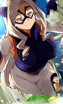 1boy 1girl bad_id bad_pixiv_id bedroom blonde_hair blue_sky bodysuit boku_no_hero_academia breasts cafekun censored closed_mouth clothed_female_nude_male commentary_request debris domino_mask eye_mask giant giantess highres horns large_breasts long_hair male_masturbation mask masked masturbation mineta_minoru mohawk mosaic_censoring mount_lady netorare nude open_mouth purple_eyes purple_hair skin_tight sky smile superhero_costume sweat