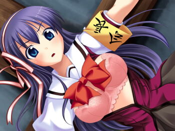 Rule 34 | 1girl, armband, blue eyes, blush, bound, bow, bowtie, bra, breasts, crucifixion, dutch angle, fumizuki yukari, grey skirt, hair between eyes, hair ribbon, hara hara!!, indoors, large variant set, long hair, looking at viewer, medium breasts, open clothes, open shirt, outstretched arms, parted lips, pink bra, purple hair, purple serafuku, red bow, ribbon, safety pin, school uniform, serafuku, short sleeves, skirt, solo, spread arms, standing, suzumiya natsuki, third-party source, underwear, upper body, variant set, wince, yellow armband
