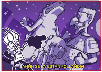 1girl 3boys age_difference alien antennae bestiality border crossover dinosaur dress_shirt dutch_angle facial_hair hair_over_eyes hetero invader_zim jcm2 large_nose loli lucy_loud multiple_boys multiple_crossover mustache nigel_thornberry older_male_and_younger_female outline penis penis_out pointing pointing_at_another reptar rugrats shirt short_hair short_sleeves shorts spanish_text spitroast striped_clothes striped_thighhighs the_loud_house the_wild_thornberrys thighhighs translated white_border white_outline zim_(invader_zim)