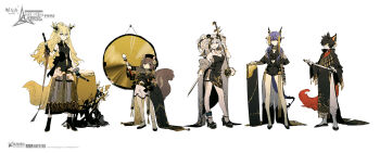 1boy 4girls :< aak_(ambience_synesthesia_2021)_(arknights) aak_(arknights) ambience_synesthesia animal_ears ankle_strap arknights black_boots black_dress black_hair black_shoes blonde_hair blue_hair boots breasts brown_eyes cat_boy cat_ears cat_tail ch'en_(ambience_synesthesia_2021)_(arknights) ch'en_(arknights) chinese_clothes cleavage colored_sclera commentary_request copyright_name dizi dragon_girl dragon_horns dragon_tail dress drum drumsticks erhu eyewear_on_head fang feater_(ambience_synesthesia_2021)_(arknights) feater_(arknights) flute full_body gong guzheng hair_ornament high_heel_boots high_heels highres holding holding_drumsticks horns infection_monitor_(arknights) instrument leizi_(ambience_synesthesia_2021)_(arknights) leizi_(arknights) lineup long_hair looking_at_viewer multicolored_hair multiple_girls official_alternate_costume official_art open_mouth pants purple_eyes red_eyes reference_sheet rella shaw_(ambience_synesthesia_2021)_(arknights) shaw_(arknights) shoes shorts simple_background sleeveless sleeveless_dress squirrel_ears squirrel_girl squirrel_tail standing star_(symbol) star_hair_ornament sunglasses tail transverse_flute twintails watermark white_background white_boots white_hair white_pants white_shorts yellow_sclera zither