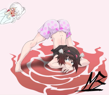 2girls absurdres ass black_hair blush feet female_pervert flexible gradient_hair grey_eyes highres huge_ass jack-o'_challenge maik_beelzebub meme multicolored_hair multiple_girls pajamas parody pervert red_hair ruby_rose rwby short_hair shorts sleep_mask top-down_bottom-up weiss_schnee white_hair