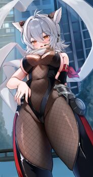 1girl absurdres animal_ears azur_lane bare_shoulders blush bodystocking breasts covered_navel from_below hair_between_eyes headset highres katsushika_pachi looking_at_viewer looking_down maya_(azur_lane) maya_(hunter_of_the_heart)_(azur_lane) medium_hair open_mouth orange_eyes scarf solo standing thighs white_scarf