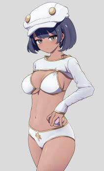 1girl absurdres adapted_costume aether_foundation_employee aether_foundation_uniform akaika_(aka) bikini black_hair breasts closed_mouth commentary_request cowboy_shot grey_background grey_eyes hat heal_ball highres holding holding_poke_ball long_sleeves navel nintendo poke_ball pokemon pokemon_sm short_hair simple_background sleeves_past_wrists solo swimsuit white_bikini white_hat