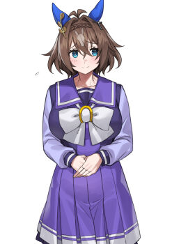 1girl absurdres animal_ears antenna_hair blue_eyes blush borrowed_character bow bowtie braid breasts brown_hair commentary_request commission crown_braid ear_covers ear_ornament fukuro_(maruaru00) hair_intakes highres horse_ears horse_girl horseshoe_ornament large_breasts long_sleeves looking_at_viewer original pixiv_commission pleated_skirt purple_sailor_collar purple_serafuku purple_shirt sailor_collar sailor_shirt school_uniform sea_star_tail_(eeeenuke) serafuku shirt short_hair simple_background skirt solo tracen_school_uniform umamusume white_background white_bow white_bowtie