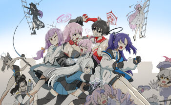 >_< 6+girls absurdres ahoge animal_ear_fluff animal_ears arm_up atsuko_(blue_archive) bandages bare_shoulders between_breasts bikini bindonkan black_bikini black_dress black_eyes black_gloves black_hair black_halo black_one-piece_swimsuit black_skirt blue_archive blue_eyes blue_hair blue_halo blue_necktie blue_serafuku blue_skirt bow braid breast_curtain breast_zipper breasts bulletproof_vest camera china_dress chinese_clothes cleavage closed_eyes closed_mouth commentary_request competition_swimsuit cross cross-laced_clothes cross-laced_sleeves cross_hair_ornament day dog_ears dog_girl dress drill_hair eimi_(blue_archive) elbow_gloves extra_ears eyewear_on_head fake_animal_ears feather_boa fighting fishing_line fishing_rod fishnet_pantyhose fishnets flat_chest full_body gameplay_mechanics gloves goggles goggles_on_head grey_hair grey_halo hair_between_eyes hair_bow hair_ornament halo hanako_(blue_archive) hanako_(swimsuit)_(blue_archive) hat headphones headphones_around_neck hibiki_(blue_archive) highleg highleg_one-piece_swimsuit highres holding holding_fishing_rod holding_rocket_launcher holding_weapon hood hood_down hooded_jacket hoshino_(blue_archive) huge_ahoge interlocked_fingers inverted_cross jacket knee_pads large_breasts long_hair long_sleeves low_twin_braids magical_girl medium_breasts medium_hair michiru_(blue_archive) michiru_(dress)_(blue_archive) mismatched_pupils miyako_(blue_archive) multicolored_hair multicolored_swimsuit multiple_girls necktie necktie_between_breasts o_o off_shoulder official_alternate_costume one-piece_swimsuit open_clothes open_mouth outdoors oversized_clothes oversized_shirt pantyhose pink_hair pink_halo pouch purple_eyes purple_hair purple_hat rabbit_ears raccoon_ears raccoon_girl raccoon_tail red_eyes red_gloves red_halo red_necktie red_sailor_collar reisa_(blue_archive) reisa_(magical)_(blue_archive) reloading rocket_launcher rope rope_ladder sailor_collar sandals school_uniform see-through_clothes see-through_jacket serafuku shimenawa shiroko_(blue_archive) shiroko_(swimsuit)_(blue_archive) shirt short_hair shun_(blue_archive) sideless_outfit sidelocks skirt sleeveless sleeveless_dress socks standing star_(symbol) star_hair_ornament star_halo sweat swimsuit tactical_school_uniform tail teeth tiger_ears tiger_girl trait_connection tsubaki_(blue_archive) twin_braids twin_drills twintails twitter_username two-tone_hair two-tone_swimsuit two_side_up very_long_hair weapon white_dress white_gloves white_hair white_jacket white_pantyhose white_shirt white_socks wing_hair_ornament wolf_ears yellow_halo yuuka_(blue_archive) zipper_bikini