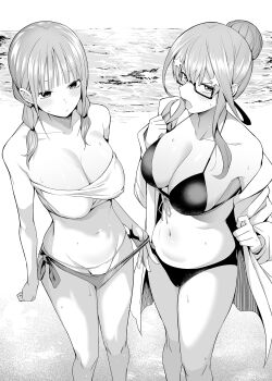 Rule 34 | 2girls, absurdres, bare shoulders, beach, bespectacled, bikini, blunt bangs, blush, breasts, chicke iii, cleavage, closed mouth, collarbone, glasses, go-toubun no hanayome, greyscale, groin, hair bun, hair ornament, hair up, highres, jacket, large breasts, long hair, looking at viewer, low twintails, monochrome, multiple girls, nakano itsuki, nakano nino, navel, ocean, off shoulder, open clothes, open jacket, open mouth, outdoors, single hair bun, standing, star (symbol), star hair ornament, stomach, swimsuit, twintails