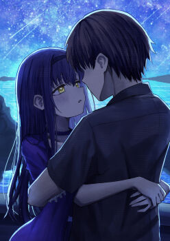 1boy 1girl arms_around_waist backlighting black_choker black_hair black_hairband blue_capelet brown_hair capelet choker commentary couple frilled_choker frills hair_between_eyes hairband heart heart_in_eye hetero highres hug imminent_kiss kushima_kamome long_hair looking_at_another meteor_shower night ocean outdoors shiroiro_en short_hair sidelocks sky star_(sky) starry_sky straight_hair summer_pockets symbol_in_eye takahara_hairi tsurime upper_body very_long_hair yellow_eyes