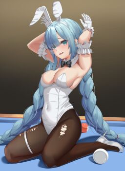 1girl alternate_breast_size_(larger) animal_ear_hairband animal_ears azur_lane black_bow black_bowtie black_pantyhose blue_eyes blue_hair bow bowtie braid breasts cleavage detached_collar fake_animal_ears frilled_arms_behind_back frilled_gloves frills gloves hairband highres janus_(a_lesson_in_billiards)_(azur_lane) janus_(azur_lane) kneeling leotard long_hair looking_at_viewer mashiro03 medium_breasts official_alternate_costume pantyhose playboy_bunny pool_table rabbit_ears rabbit_pose solo strapless strapless_leotard table torn_clothes torn_pantyhose twin_braids very_long_hair white_leotard