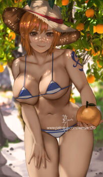 1girl artist_name bare_shoulders bikini blue_bikini blurry blurry_background breasts brown_eyes cleavage closed_mouth collarbone commentary dappled_sunlight english_commentary eyelashes feet_out_of_frame food fruit hand_on_own_thigh hat highres holding holding_food holding_fruit large_breasts looking_at_viewer mandarin_orange multicolored_bikini nami_(one_piece) navel one_piece orange_hair orange_tree outdoors patreon_username short_hair shoulder_tattoo signature smile solo stomach straw_hat string_bikini striped_bikini striped_clothes sunlight swimsuit tattoo thigh_gap thighs two-tone_bikini variant_set watermark web_address wei_(promise_0820) white_bikini