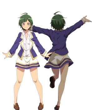 Rule 34 | 1girl, \o/, ahoge, arms up, back, blunt bangs, bob cut, brown eyes, closed mouth, collared shirt, green hair, highres, hitoribocchi no isekai kouryaku, leg up, loafers, looking at viewer, miniskirt, multiple views, nakano keiya, naked girl (hitoribocchi no isekai kouryaku), official art, open hands, outstretched arms, school uniform, shirt, shoes, short hair, skirt, smile, solo, spread arms, standing, tareme, white shirt