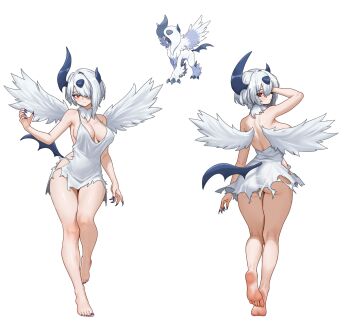 1girl absol absurdres ass ass_peek asymmetrical_horns back backless_dress backless_outfit bare_shoulders barefoot black_horns black_nails black_tail breasts claws cleavage commentary dress english_commentary feathered_wings fingernails from_behind full_body gen_3_pokemon hair_over_one_eye highres horns large_breasts long_fingernails looking_at_viewer looking_back median_furrow medium_hair mega_absol mega_pokemon multiple_views neck_fur nihu nintendo personification pokemon pokemon_(creature) red_eyes sharp_fingernails shirt simple_background single_hair_intake sleeveless sleeveless_dress soles standing standing_on_one_leg torn_clothes white_background white_dress white_fur white_hair white_shirt wings