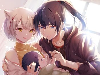 1boy 1girl animal_ear_fluff animal_ears baby bare_shoulders black_hair black_jacket blue_eyes cardigan carrying carrying_baby carrying_person cat_ears cat_girl collarbone couple family ghondor_(xenoblade_fr) grey_hair high_ponytail highres hood hooded_jacket indoors jacket long_hair mio_(xenoblade) noah_(xenoblade) open_cardigan open_clothes ponytail shirt short_hair sleeveless sleeveless_shirt ui_frara upper_body window xenoblade_chronicles_(series) xenoblade_chronicles_3 yellow_eyes yellow_shirt