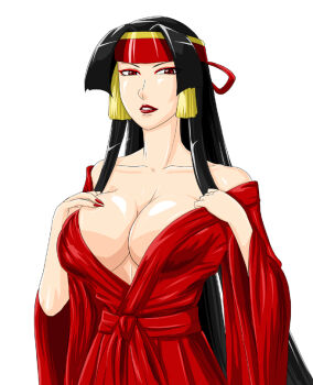 Rule 34 | 1girl, black hair, breasts, cleavage, fingernails, headband, japanese clothes, large breasts, lipstick, long fingernails, long hair, makeup, ml (1739mk), nail polish, rashoujin mizuki, red eyes, samurai spirits, sharp fingernails, sidelocks, wide sleeves
