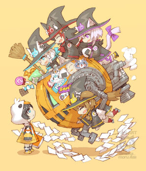 animal_ear_fluff animal_ears animal_hood black_hair black_hat black_jacket blue_eyes bow braid broom brown_hair candy cat_ears cat_tail chibi chibi_only chocolate chocolate_bar dog_ears duck_hood ears_through_headwear floppy_ears food from_side full_body hat hat_ornament holding holding_food hololive hood hood_up hoodie inugami_korone jack-o'-lantern jacket listener_(inugami_korone) lollipop long_hair long_sleeves mecha medium_hair miofa_(ookami_mio) nakayama_tooru nekomata_okayu onigiri ookami_mio oozora_subaru open_mouth pants paper purple_bow purple_eyes purple_hair red_socks robot shirakami_fubuki shoes sleeves_past_wrists slippers smile socks striped_clothes striped_socks sukonbu_(shirakami_fubuki) swirl_lollipop tail tail_bow tail_ornament thrusters twin_braids twitter_username virtual_youtuber white_hair white_pants white_shoes wide_sleeves witch_hat wrapped_candy yellow_background yellow_hoodie yellow_shoes yellow_slippers
