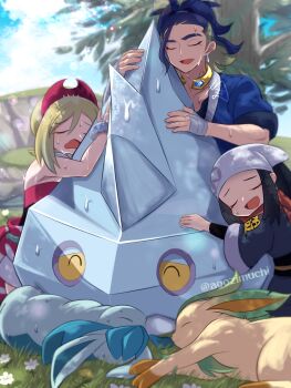 Rule 34 | 1boy, 2girls, adaman (pokemon), akari (pokemon), bandaged hand, bandages, bare shoulders, bergmite, black hair, blonde hair, blue hair, blue kimono, blue sky, bracelet, chimaki (agozimuchi), closed eyes, cloud, commentary request, day, eyebrow cut, eyelashes, flower, galaxy expedition team survey corps uniform, gen 4 pokemon, gen 6 pokemon, glaceon, grass, hairband, headscarf, highres, hot, ice, irida (pokemon), japanese clothes, jewelry, kimono, leafeon, long hair, lying, medium hair, multicolored hair, multiple girls, nintendo, on grass, on side, open mouth, outdoors, pokemon, pokemon (creature), pokemon legends: arceus, red hairband, red scarf, scarf, short hair, sidelocks, sky, smile, sweat, tree, twitter username, two-tone hair, white flower, white headscarf