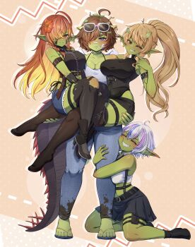 4girls absurdres ahoge arm_belt belt black_shoes black_skirt black_thighhighs blonde_hair blue_eyes breasts brown_belt brown_eyes brown_hair chain character_request cleavage closed_eyes collarbone colored_inner_hair colored_skin copyright_request denim earrings eyewear_on_head female_goblin flower freckles glasses goblin green_skin hair_flower hair_ornament hair_over_one_eye highres hugging_another&#039;s_leg iampatty jeans jewelry leaf leaf_on_head lifting_person long_hair multicolored_hair multiple_girls one_eye_closed orange_flower pants pink_hair pointy_ears ponytail purple_hair sandals second-party_source shoes skirt smile streaked_hair tail thigh_strap thighhighs torn_clothes torn_thighhighs white_hair