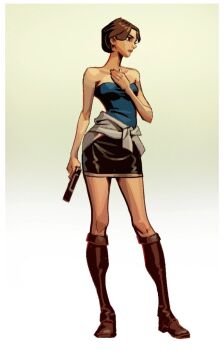 1girl black_skirt blue_tube_top boots brown_boots clothes_around_waist gradient_background gun handgun holding holding_gun holding_weapon jill_valentine miniskirt resident_evil resident_evil_3:_nemesis skirt strapless sweater sweater_around_waist tube_top vitaliy_shushko weapon