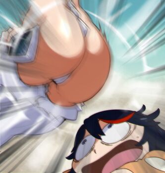 2girls ass black_hair blue_eyes boots derivative_work highres hip_attack huge_ass incoming_attack junketsu kill_la_kill kiryuuin_satsuki looking_up matoi_ryuuko motion_blur multicolored_hair multiple_girls open_mouth pajamas red_hair reliusmax screenshot_redraw short_hair siblings sisters streaked_hair sweat thigh_boots