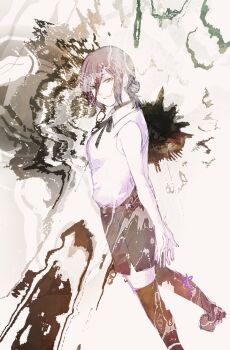 1girl aqua_eyes black_choker black_ribbon black_thighhighs chainsaw_man choker collared_shirt hair_between_eyes neck_ribbon purple_hair reze_(chainsaw_man) ribbon ruka_(blueplus84) shirt short_hair sleeveless sleeveless_shirt smile solo standing thighhighs white_shirt