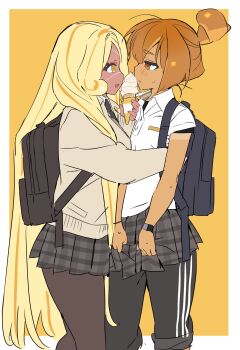 2girls :d @_@ alternate_costume backpack bag black_bag black_necktie black_pants black_pantyhose black_shirt black_skirt blonde_hair blush border breasts brown_eyes brown_hair buttons cardigan closed_mouth collared_shirt cookie_run cookie_run:_ovenbreak croissant_cookie curly_sidelocks dark-skinned_female dark_skin dual_persona eye_contact eyepatch face-to-face feet_out_of_frame food food-themed_hair from_side grey_cardigan hair_bun highres holding holding_ice_cream_cone hug humanization ice_cream ice_cream_cone layered_shirt layered_sleeves long_hair looking_at_another miniskirt multicolored_hair multiple_girls necktie ohta_guk_hip open_mouth orange_background orange_eyes orange_hair outside_border pants pantyhose plaid_clothes plaid_skirt pleated_skirt profile protected_link school_uniform shirt short_hair short_sleeves sideways_mouth simple_background single_hair_bun skirt small_breasts smile standing streaked_hair sweatdrop tan tanline timekeeper_cookie triple_vertical_stripe two-tone_hair very_long_hair watch white_border white_shirt wristwatch yuri