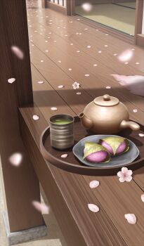 Rule 34 | after time valentine 2026, architecture, cherry blossoms, commentary request, cup, drink, east asian architecture, falling petals, fate/grand order, fate (series), food, food focus, green tea, lantern2015, mochi, no humans, official art, outdoors, petals, pink petals, plate, sakura mochi, shouji, side handle teapot, sliding doors, still life, tatami, tea, teapot, third-party source, wagashi, wind, yunomi