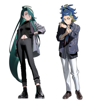 1boy 1girl 987645321o adaman_(palentine's_2026)_(pokemon) adaman_(pokemon) black_boots black_gloves black_pants black_shirt blue_hair blue_necktie boots closed_mouth clothing_cutout collared_shirt ear_piercing earrings eyebrow_cut full_body gloves green_hair grey_eyes grey_jacket hashtag-only_commentary highres jacket jewelry long_hair looking_at_viewer male_focus midriff multicolored_hair multiple_earrings navel necklace necktie nintendo official_alternate_costume official_alternate_hairstyle open_clothes open_jacket pants piercing pokemon pokemon_masters_ex ponytail rika_(palentine's_2026)_(pokemon) rika_(pokemon) shirt shoes simple_background smile stomach_cutout very_long_hair watch white_background white_pants wristwatch