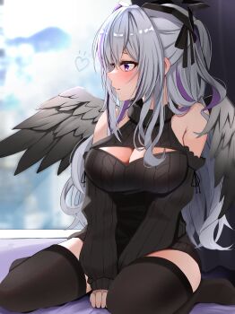1girl absurdres amane_konata angel angel_wings black_ribbon black_sleeves black_thighhighs blush breasts cable_knit cleavage cleavage_cutout closed_mouth clothing_cutout detached_sleeves grey_hair hair_ornament hair_ribbon hashtag-only_commentary highres hololive large_breasts long_hair looking_to_the_side micon multicolored_hair purple_eyes purple_hair ribbon smile solo star_(symbol) star_hair_ornament streaked_hair sweater thighhighs turtleneck turtleneck_sweater very_long_hair virgin_killer_sweater virtual_youtuber wings