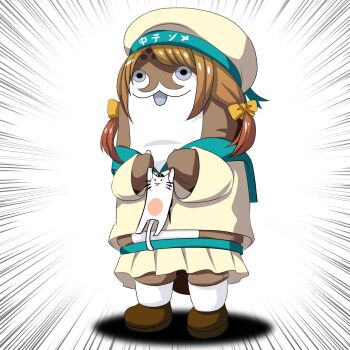 Rule 34 | 1other, animal, blue sailor collar, bokukawauso, brown hair, cat, commentary request, cosplay, error musume, full body, girl holding a cat (kancolle) (cosplay), girl holding a cat (kancolle), hat, highres, holding, holding animal, kantai collection, long sleeves, otter, pleated skirt, sailor collar, sailor hat, school uniform, serafuku, short hair, skirt, standing, tk8d32, translation request