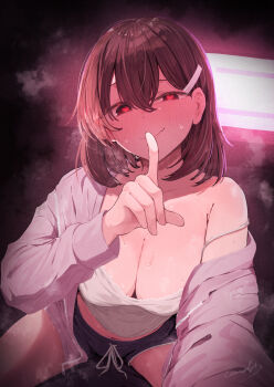 1girl bare_shoulders black_shorts blush breasts brown_eyes brown_hair cleavage collarbone dolphin_shorts earosoligt finger_to_mouth girl_on_top hair_behind_ear hair_ornament hairclip half-closed_eyes heart heart-shaped_pupils highres index_finger_raised jacket jacket_partially_removed large_breasts leaning_forward long_sleeves looking_at_viewer medium_hair midriff original pov shirt shorts shushing steam stomach sweat sweatdrop symbol-shaped_pupils uneven_eyes wavy_mouth white_jacket white_shirt