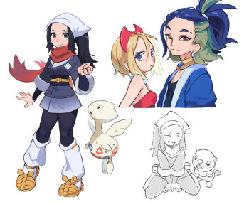1boy 2girls absurdres adaman_(pokemon) akari_(pokemon) black_hair blonde_hair blue_eyes blue_hair eyebrow_cut galaxy_expedition_team_survey_corps_uniform gen_2_pokemon gen_5_pokemon green_hair grey_eyes hairband headscarf highres irida_(pokemon) jewelry long_hair loose_socks multicolored_hair multiple_girls multiple_views neck_ring nintendo orisghost oshawott pokemon pokemon_(creature) pokemon_legends:_arceus ponytail red_hairband red_scarf scarf short_hair sidelocks socks togetic white_headscarf