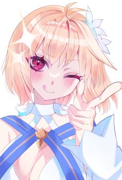 1girl ;p ahoge arcueid_brunestud arcueid_brunestud_(mooncancer) bare_shoulders blonde_hair blue_ribbon blush breasts choker cleavage detached_sleeves fate/grand_order fate_(series) flower gold_trim hair_flower hair_intakes hair_ornament highres misawa_mn one_eye_closed pointing pointing_at_viewer red_eyes ribbon short_hair smile tongue tongue_out