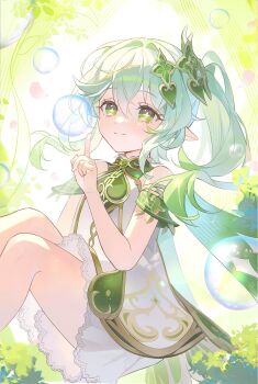 1girl bare_shoulders bloomers closed_mouth commentary detached_sleeves dress from_side genshin_impact gold_trim gradient_hair green_eyes green_hair green_sleeves hair_between_eyes hair_ornament hand_up highres invisible_chair long_hair looking_at_viewer miho_(mymiho) multicolored_hair nahida_(genshin_impact) pointy_ears side_ponytail sitting sleeveless sleeveless_dress solo star-shaped_pupils star_(symbol) symbol-shaped_pupils underwear white_bloomers white_dress white_hair