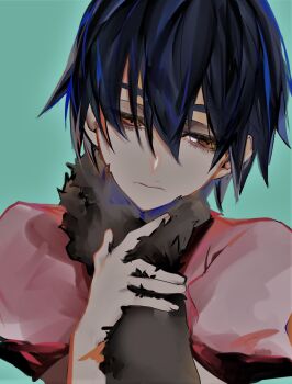 1girl bad_id bad_twitter_id bakemonogatari blouse blue_hair chromatic_aberration kanbaru_suruga monkey monogatari_(series) naoetsu_high_school_uniform orange_eyes pink_shirt sad school_uniform shirt short_hair tbrsnsk tomboy