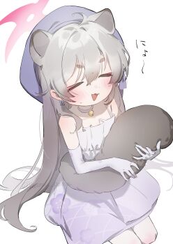 >_< 1girl absurdres animal_ears bare_shoulders blue_archive blush brown_hair brown_tail closed_eyes commentary_request dress gloves hair_between_eyes halo hat highres michiru_(blue_archive) michiru_(dress)_(blue_archive) munikomamu open_mouth pink_halo purple_hat sitting translation_request v-shaped_eyebrows watermark white_dress white_gloves