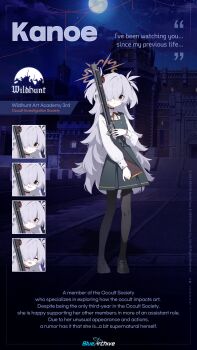 1girl absurdres antique_firearm artist_request black_dress black_pantyhose black_shoes blue_archive blunderbuss blush brown_eyes character_name check_artist closed_eyes closed_mouth commentary dress english_commentary english_text firearm firelock flintlock full_body grey_dress grey_hair gulim gun hair_ornament hair_over_one_eye halo highres holding holding_gun holding_weapon kanoe_(blue_archive) logo long_hair long_sleeves looking_at_viewer mojyo multiple_expressions musket official_art open_mouth orange_halo pantyhose red_ribbon ribbon shirt shoes standing two_side_up very_long_hair weapon white_hair white_shirt