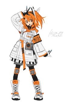 Rule 34 | 1girl, a.i. voice, absurdres, adachi rei, arm up, armband, boots, headset, highres, jacket, knee pads, lace-up boots, long hair, natwjeq, open mouth, orange armband, orange eyes, orange hair, signature, simple background, solo, standing, white background, white boots, white jacket