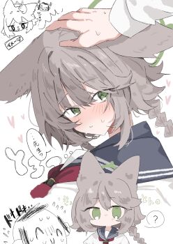 1boy 1girl ? animal_ears blue_archive blush braid chibi commentary_request doodle_sensei_(blue_archive) fox_ears fox_girl green_eyes headpat highres long_hair mamiya076 neckerchief otogi_(blue_archive) red_neckerchief school_uniform sensei_(blue_archive) serafuku single_braid spoken_question_mark sweat translation_request