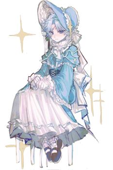 1boy blue_eyes blush bonnet chair crossdressing crossdressing_(mtf) fate/grand_order fate_(series) frills full_body grey_hair highres lolita_fashion long_sleeves male_focus on_chair ribbon scar scar_on_face scar_on_forehead shoes short_hair simple_background sitting solo sweet_lolita toudou_heisuke_(fate) white_background yezizizzzz02