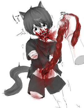 2boys age_difference aged_down aged_up amputated amputated_arm amputated_leg amputation amputee animal_ears artist_request black_eyes black_hair blood blood_on_body blood_on_face blood_on_neck blood_splatter cat cat_boy cat_ears cat_tail crying decapitation disembodied_head dying empty_eyes guro imminent_death intestines male male_focus male_gore multiple_boys necrophilia older_male_and_younger_male open_mouth original ryona severed_head shirt shorts shota slit_throat snuff suspension t-shirt tail tearing tearing_up tears teeth torture