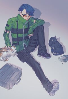 Rule 34 | 1boy, absurdres, animal, black pants, blue hair, briefcase, cat, closed mouth, elbow rest, fingerless gloves, full body, gloves, gradient background, green gloves, green jacket, highres, jacket, knee up, long sleeves, male focus, orange-tinted eyewear, pants, persona, persona 3, shirato jin, short hair, sitting, solo focus, sunglasses, tinted eyewear, tkjnbrnrt, zipper