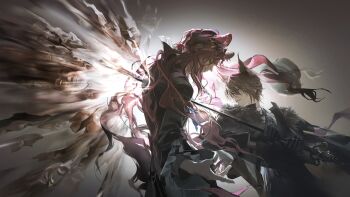 2boys animal_ears arknights artist_request black_jacket blue_necktie brown_hair cat_boy cat_ears closed_mouth floating_hair game_asset hair_over_one_eye hat highres holding holding_staff impaled jacket leopard_boy leopard_ears long_hair looking_at_another multiple_boys necktie official_art outstretched_arms parted_lips phantom_(arknights) phantom_(elite_ii)_(arknights) pink_hair portrait profile shirt short_hair smile spread_arms staff third-party_source tragodia_(npc)_(arknights) two-handed unworn_hat unworn_headwear white_shirt wide_sleeves