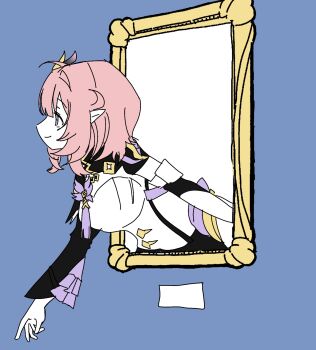 1girl black_shrug blue_eyes breasts commentary_request corset elf elysia_(honkai_impact) elysia_(miss_pink_elf)_(honkai_impact) hair_ornament highres honkai_(series) honkai_impact_3rd ko_(assd_009) large_breasts long_hair picture_frame pink_hair pointy_ears shrug_(clothing) smile solo very_long_hair white_corset