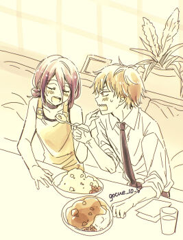 1boy 1girl 59_(seventhstar) black_necktie blonde_hair blush chainsaw_man closed_eyes collared_shirt cup denji_(chainsaw_man) feeding furrowed_brow hair_between_eyes hair_bun hand_on_another&#039;s_shoulder highres holding holding_spoon looking_at_another medium_hair necktie open_mouth overalls picture_frame plant potted_plant purple_hair reze_(chainsaw_man) rice sharp_teeth shirt short_hair sleeveless sleeveless_shirt sleeves_rolled_up smile spoon sweatdrop teeth twintails updo white_shirt